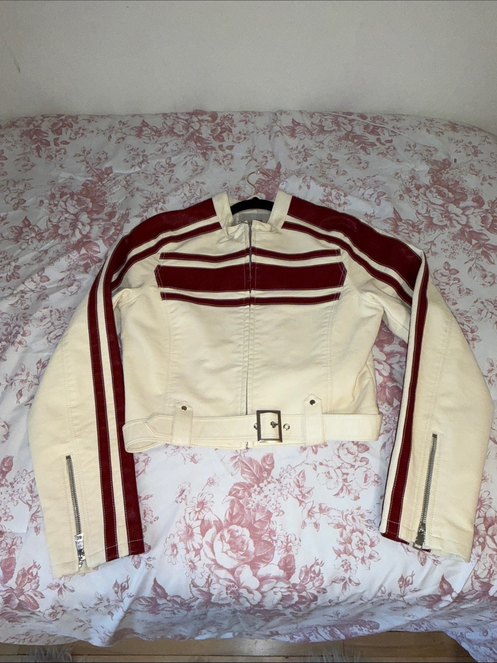 Urban Outfitters Cream & Burgundy Stripe Moto Jacket